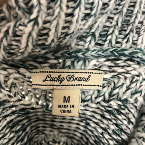 Lucky Brand Sweater Women's Medium Green Black White Cowl Neck Aztec Fringe Wool - Picture 6 of 8